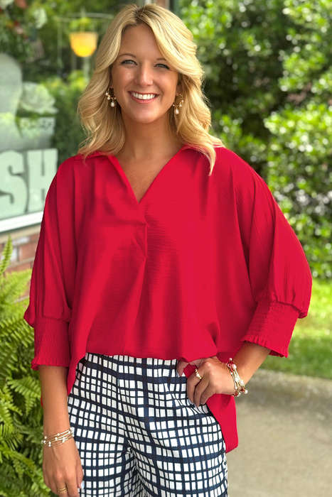 Fiery Red V Neck Collared Shirred 3/4 Sleeve Oversized Tunic Top