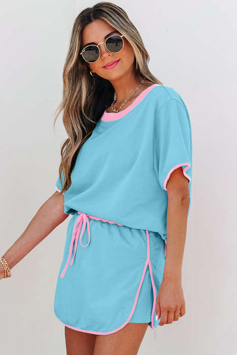 Turquoise Colorblock Edge Drop Shoulder T Shirt and Skort 2Pcs Set