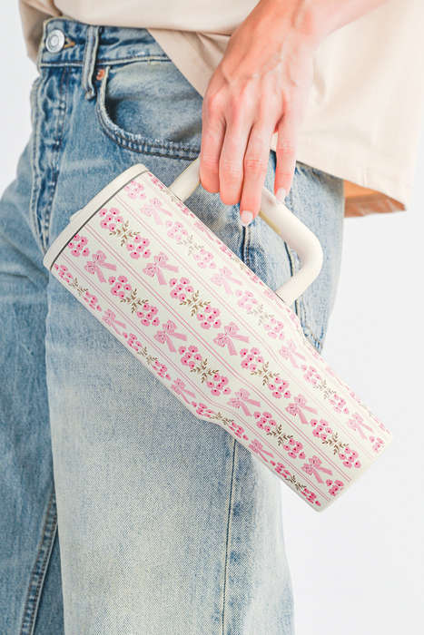 White Sweet Bow Flower Print Straw Insert Tumbler Cup 40oz
