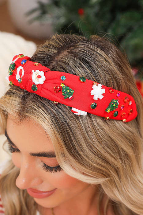 Fiery Red Cartoon Christmas Pattern Rhinestone Knotted Headband