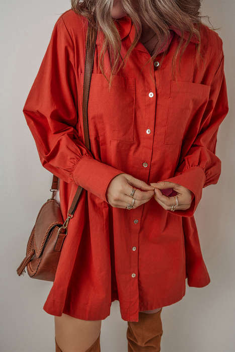 Tomato Red Bishop Sleeve Button Up Pleated Mini Shirt Dress