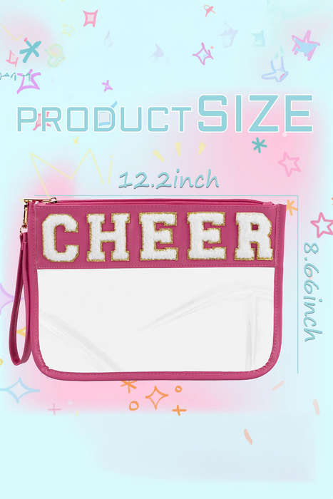 Bright Pink CHEER Chenille Letter PU Leather Patchwork Clear Makeup Bag