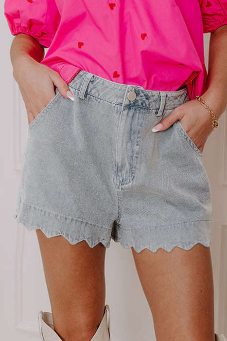 Dusk Blue Scalloped Hemline Acid Wash High Waist Denim Shorts