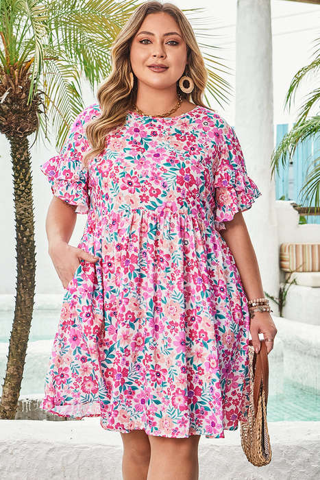 White Plus Size Floral Print Frilled Short Sleeve Flare Dress