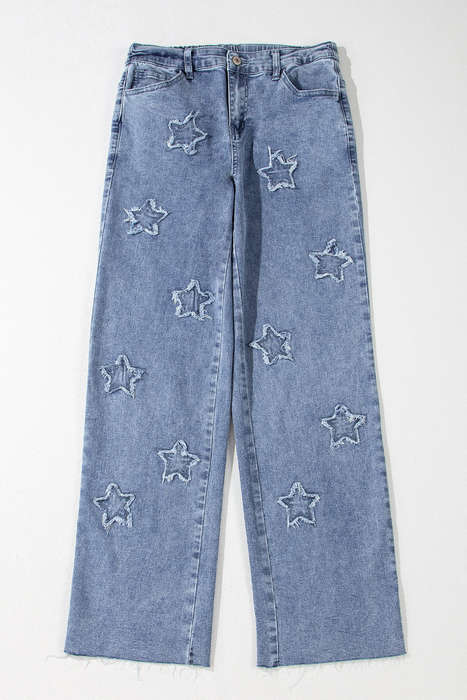 Dusk Blue Foiled Star Patchwork Straight Leg Loose Jeans