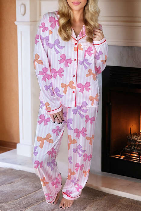 Pink Striped Bow Print Contrast Piping Trim Shirt and Pants 2pcs Pajama Set