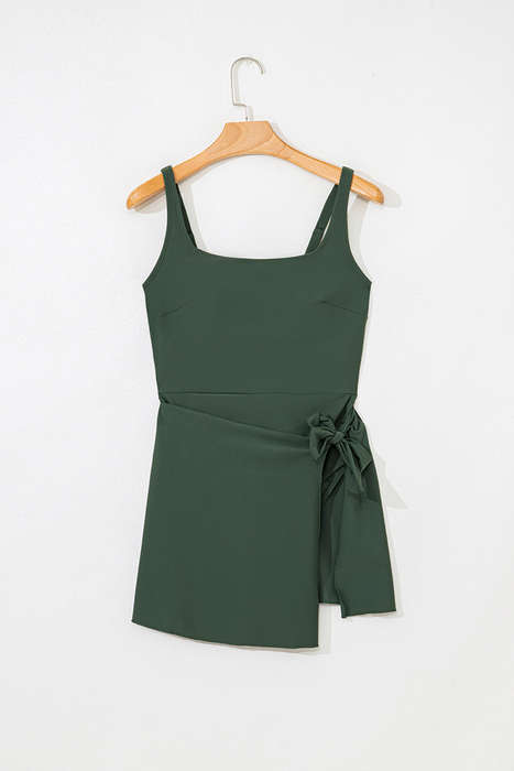 Mist Green Side Tied Waist Square Neck Adjustable Straps A-line One Piece Swim Dress