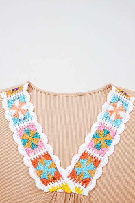 Pale Chestnut Crochet Floral V Neck Textured Short Sleeve Blouse