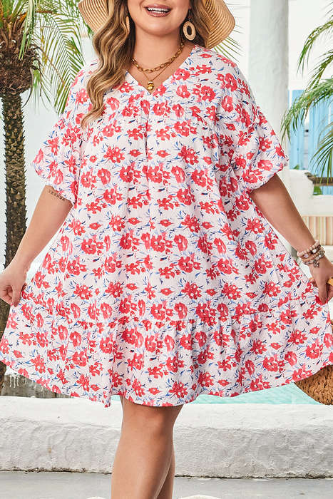 Red Floral Ruffled Half Sleeve V Neck Plus Size Dress