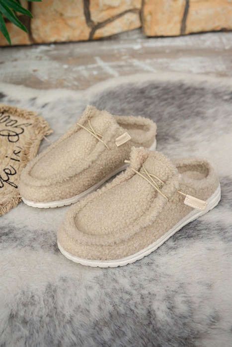 White Lace Up Detail Slip On Sherpa Shoes