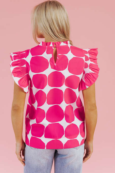 Rose Bubblegum Pattern Frilled Collar Flutter Sleeve Top