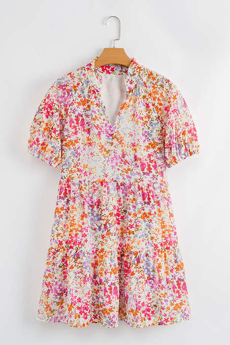 Red Floral Puff Sleeve Notched V Neck Tiered Mini Dress