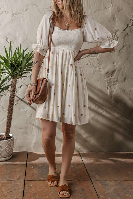 Beige Embroidered Flower Smocked Bust Half Puff Sleeve Empire Waist Textured Flowy Dress