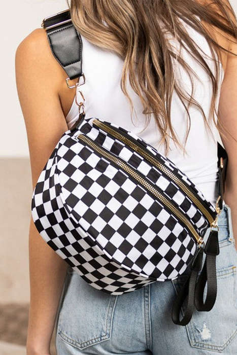 Color black Checkered Print Wide Strap Large Crossbody Bag