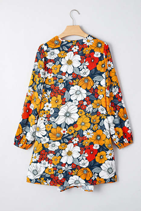 Orange Floral Print Striped Lace V Neck Long Sleeve Mini Dress