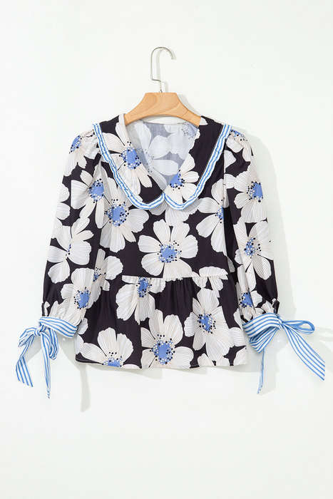 Black Floral Print Striped Tie Sleeve Collared V Neck Blouse