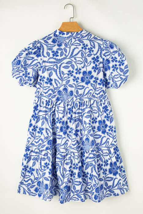 Blue Flower Print Puff Sleeve Tiered Dress