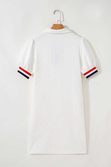 White Textured Jacquard Colorblock Edge Puff Sleeve Quarter Zip Mini Dress