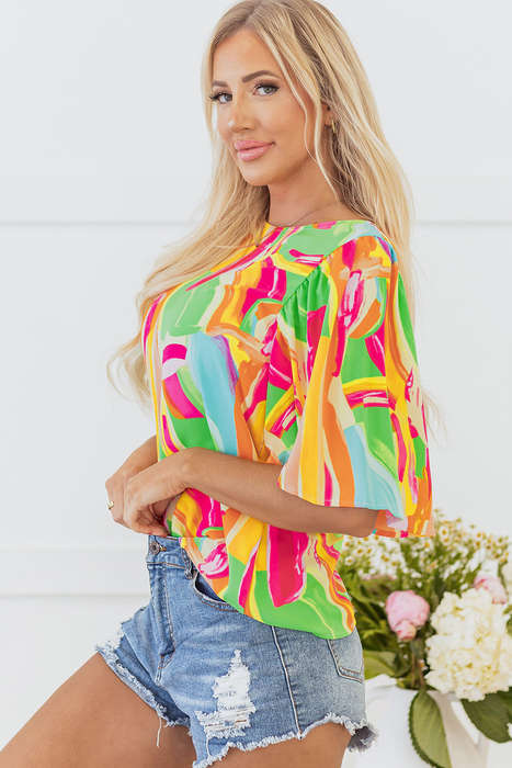 Multicolour Abstract Print Keyhole Back Pleated Half Sleeve Blouse