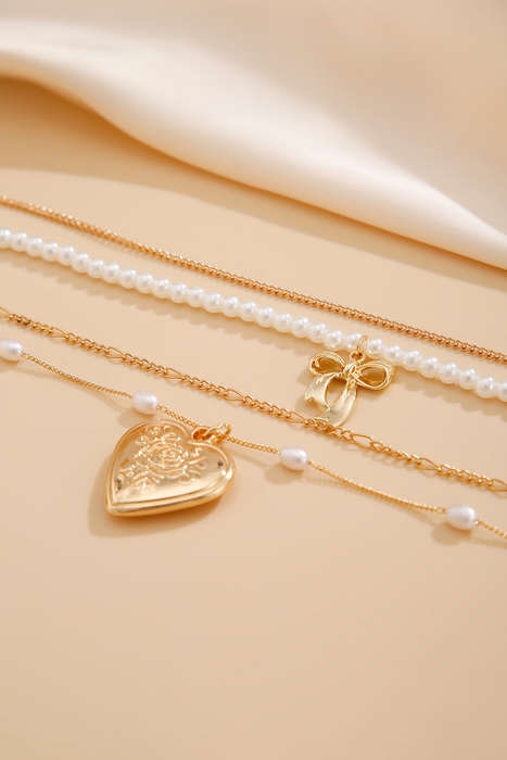 Gold Plated Bow Heart Pendant Pearl Beading Multilayer Necklace