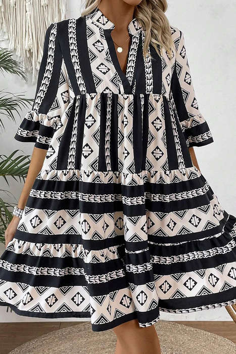 Black Geometric Print V Neck Ruffled Dress