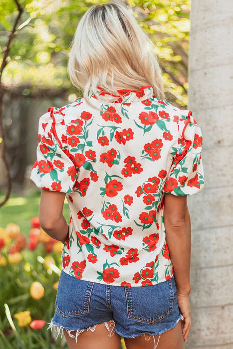 Red Floral Print Ruffled Puff Sleeve Elegant Summer Shirt