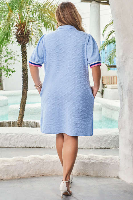 Beau Blue Contrast Striped Trim Zipped Stand Collar Textured Puff Sleeve Plus Size T Shirt Dress
