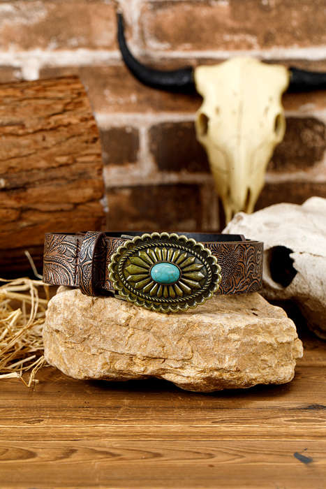Chestnut Retro Turquoise Plate Decor Embossed Faux Leather Belt