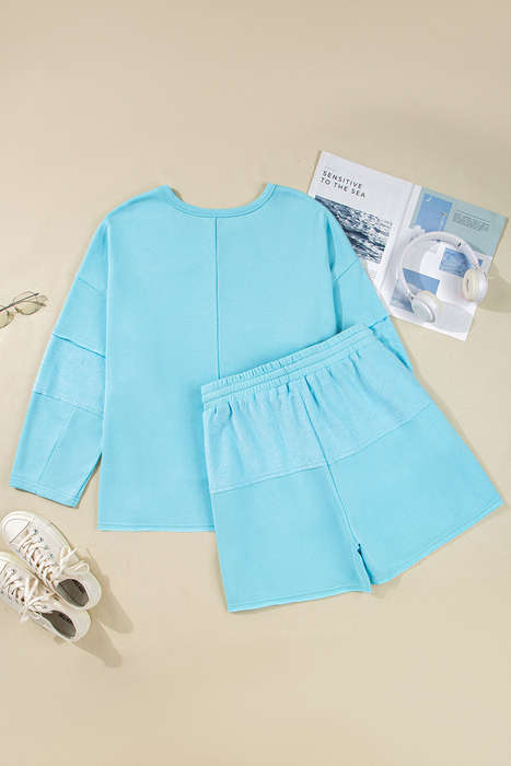 Aruba Blue Plus Size Solid Color Splicing Raw Hem Pullover Top Shorts Set