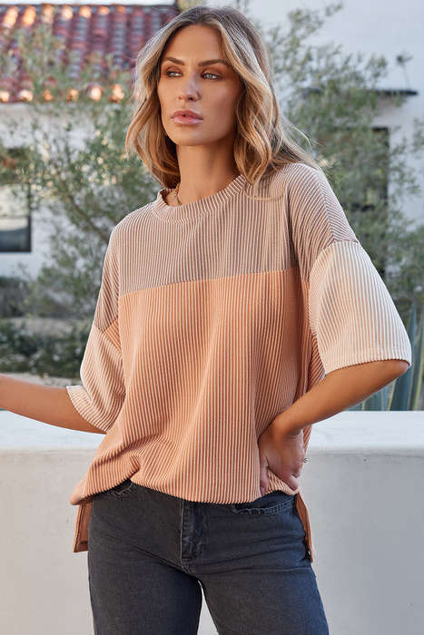 Light French Beige Rose Color Block Ribbed Side Slits Half Sleeve Top