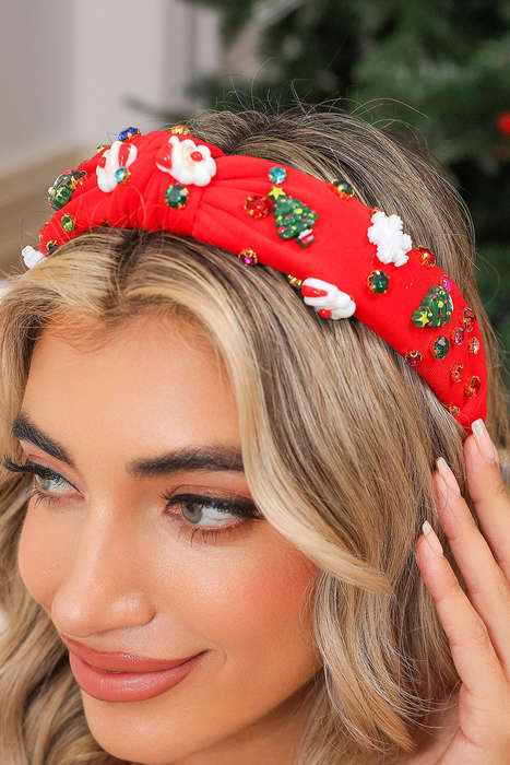 Fiery Red Cartoon Christmas Pattern Rhinestone Knotted Headband