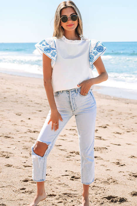 White Embroidered Ruffled Sleeve Frilled Collar Blouse