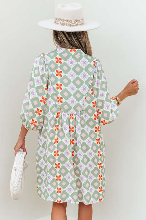 Green Geometric Floral Print 3/4 Sleeve Notched Neck Mini Dress