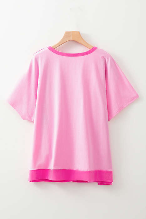Bright Pink Colorblock Patchwork Short Sleeve Buttons Plus Size Henley Top