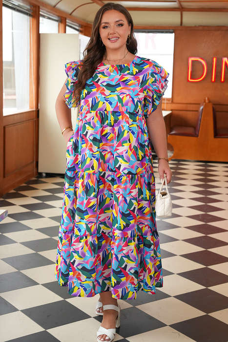 Blue Geometric Print Ruffled Short Sleeve Plus Size Tiered Maxi Dress