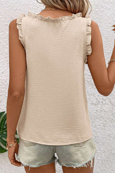 Parchment Textured Frilly Trim V Neck Sleeveless Top
