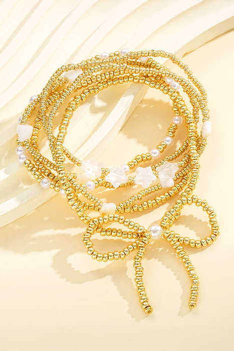 Gold Bow Knot Star Heart Beaded Multi Layer Bracelet