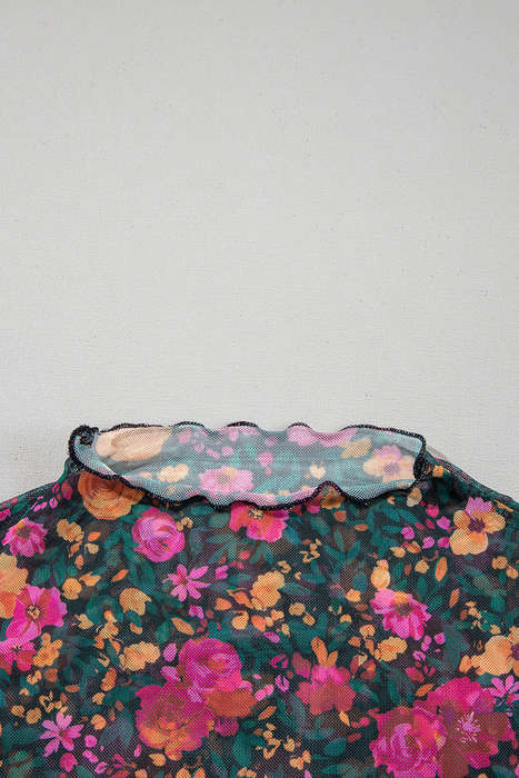 Rose Floral Print Mesh Stand Neck Short Sleeve Top