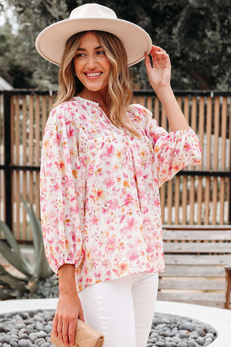 Pink Floral Print Tassel Tie Smocked V Neck Puff Sleeve Tunic Blouse