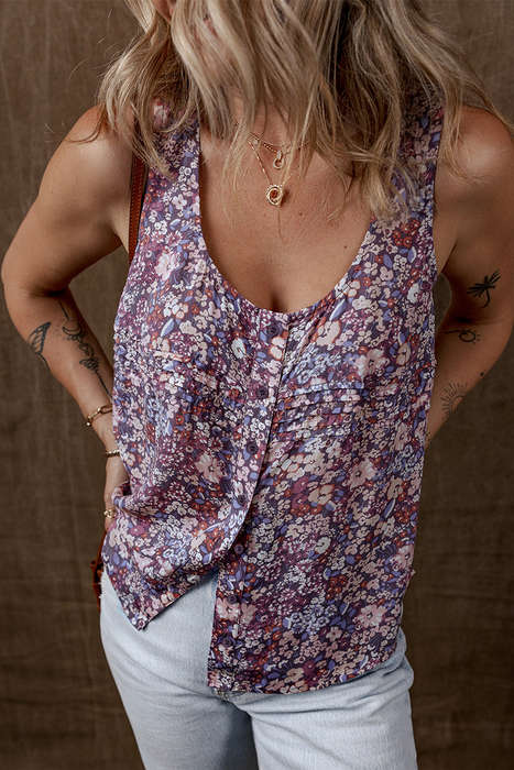 Yellow Boho Floral Pleated Buttoned Front Tank Top