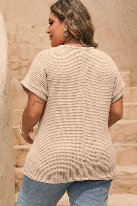 Oatmeal Lace Patchwork Waffle Short Sleeve Plus Size Top