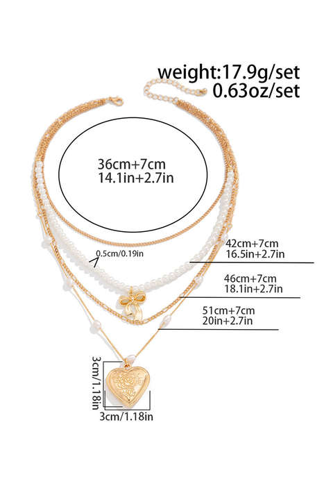 Gold Plated Bow Heart Pendant Pearl Beading Multilayer Necklace