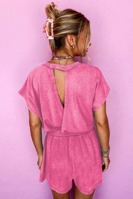 Bonbon Mineral Wash Drawstring Elastic Waistband Hollow Out Back Short Sleeve Romper