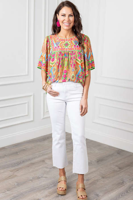 Orange Geometric Print Bell Sleeve O Neck Babydoll Blouse