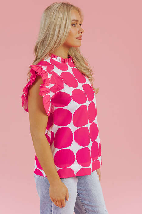 Rose Bubblegum Pattern Frilled Collar Flutter Sleeve Top