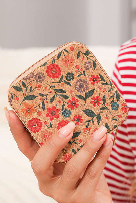 Camel Retro Floral Print Portable Square Jewelry Box
