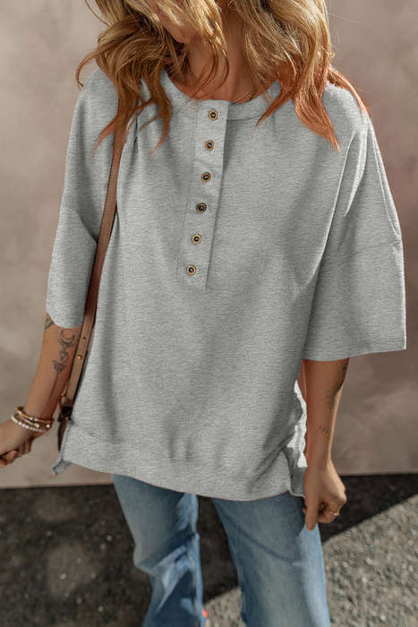 Gray Exposed Seam Button Neck Wide Sleeve Tunic Top