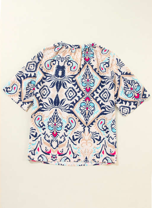 White Abstract Printed Notched V Neck Split Half Sleeve Blouse