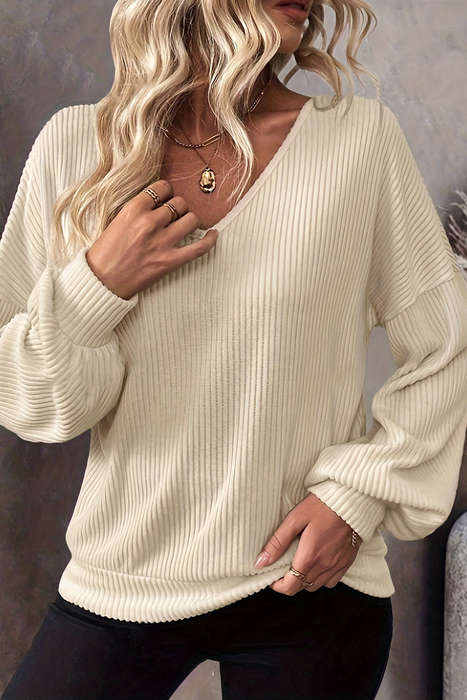 White Knot Back Drop Shoulder Ribbed Long Sleeve Blouse