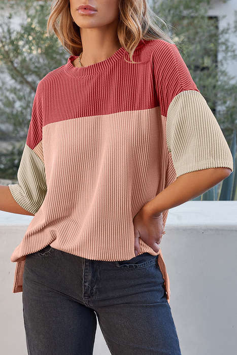 Rose Pink Color Block Ribbed Side Slits Half Sleeve Top